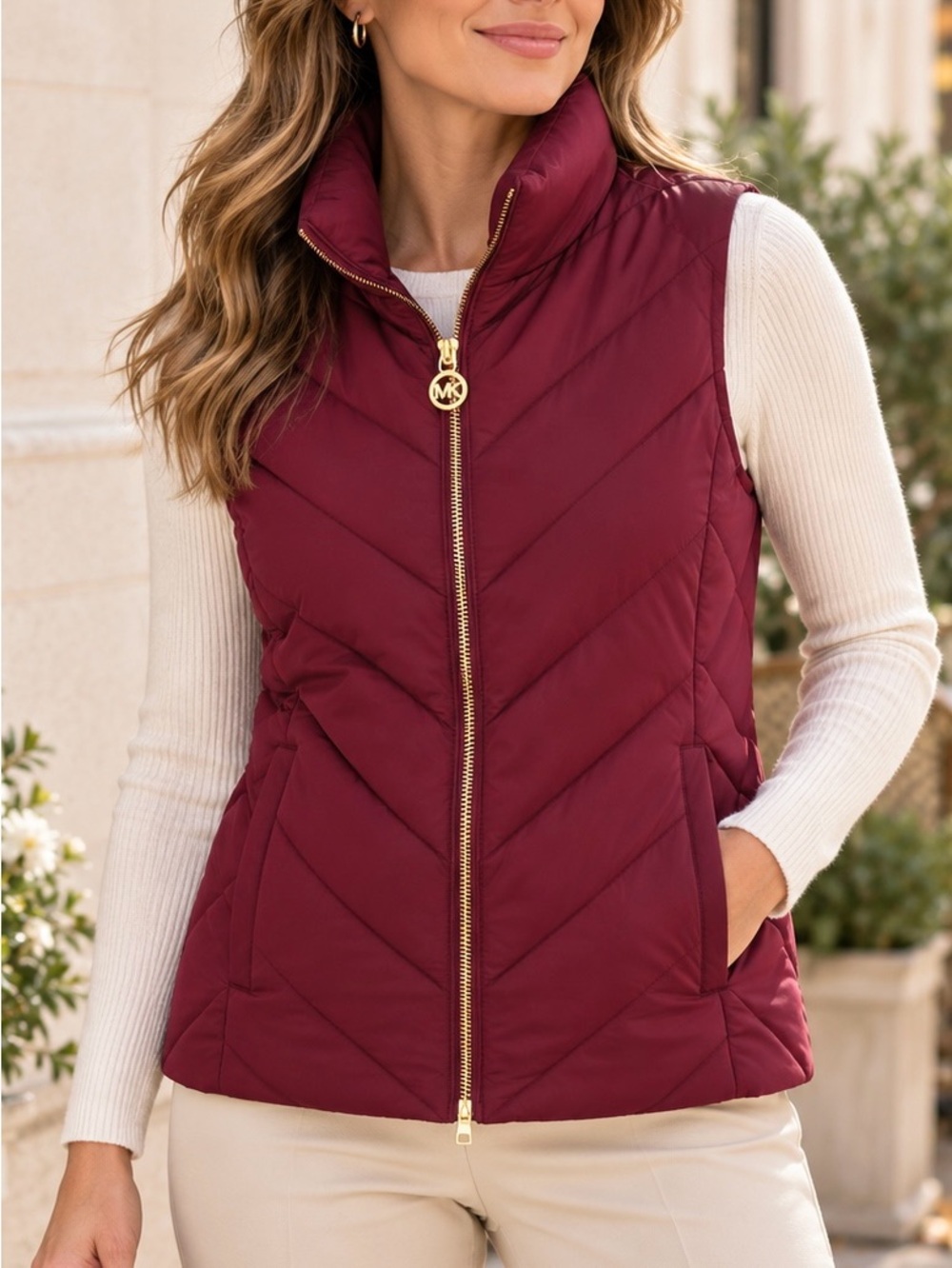 NWT Michael Kors Dark Ruby Quilted Puffer Vest Women’s Small Gold Zip